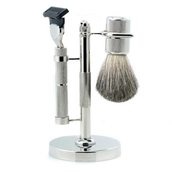 Bey Berk International Bey-Berk International BB06 Fusion Razor & Pure Badger Brush on Diamond Cut Design with Chrome Stand; Silver BB06